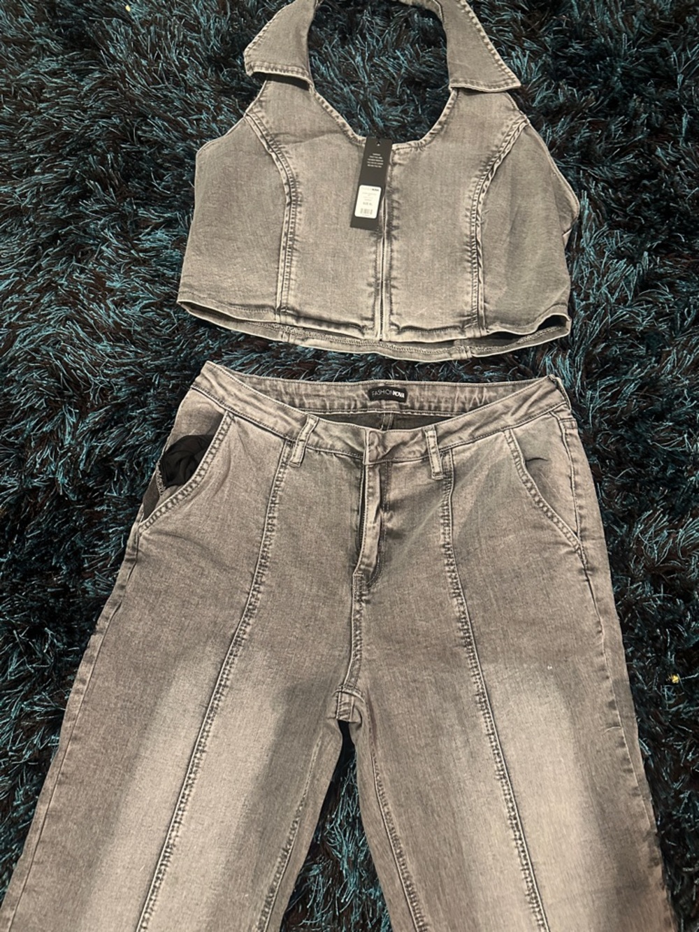 Fashion Nova Washed Gray Denim Halter Crop Top & High-Rise Jeans Set
